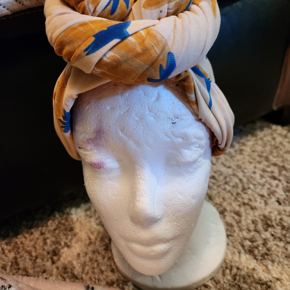 Tan and Blue Patterned Headwrap
